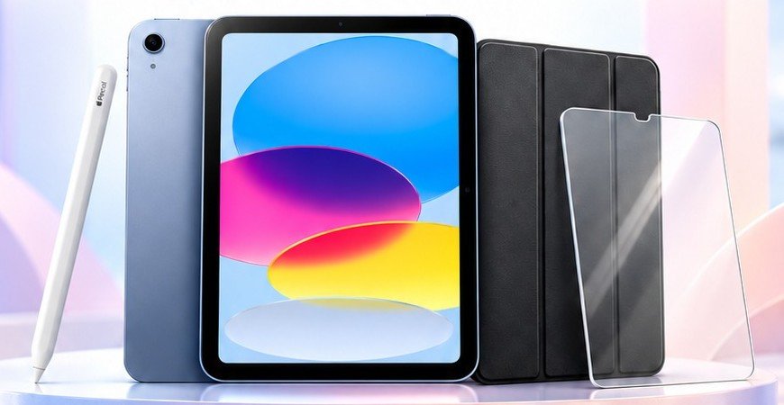 iPad azul con Apple Pencil, estuche negro y vidrio templado